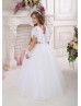 V Neck White Eyelash Lace Tulle Floor Length Flower Girl Dress